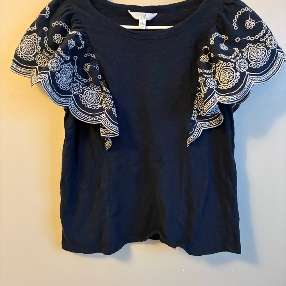 Time and Tru Navy Top with White Embroidery